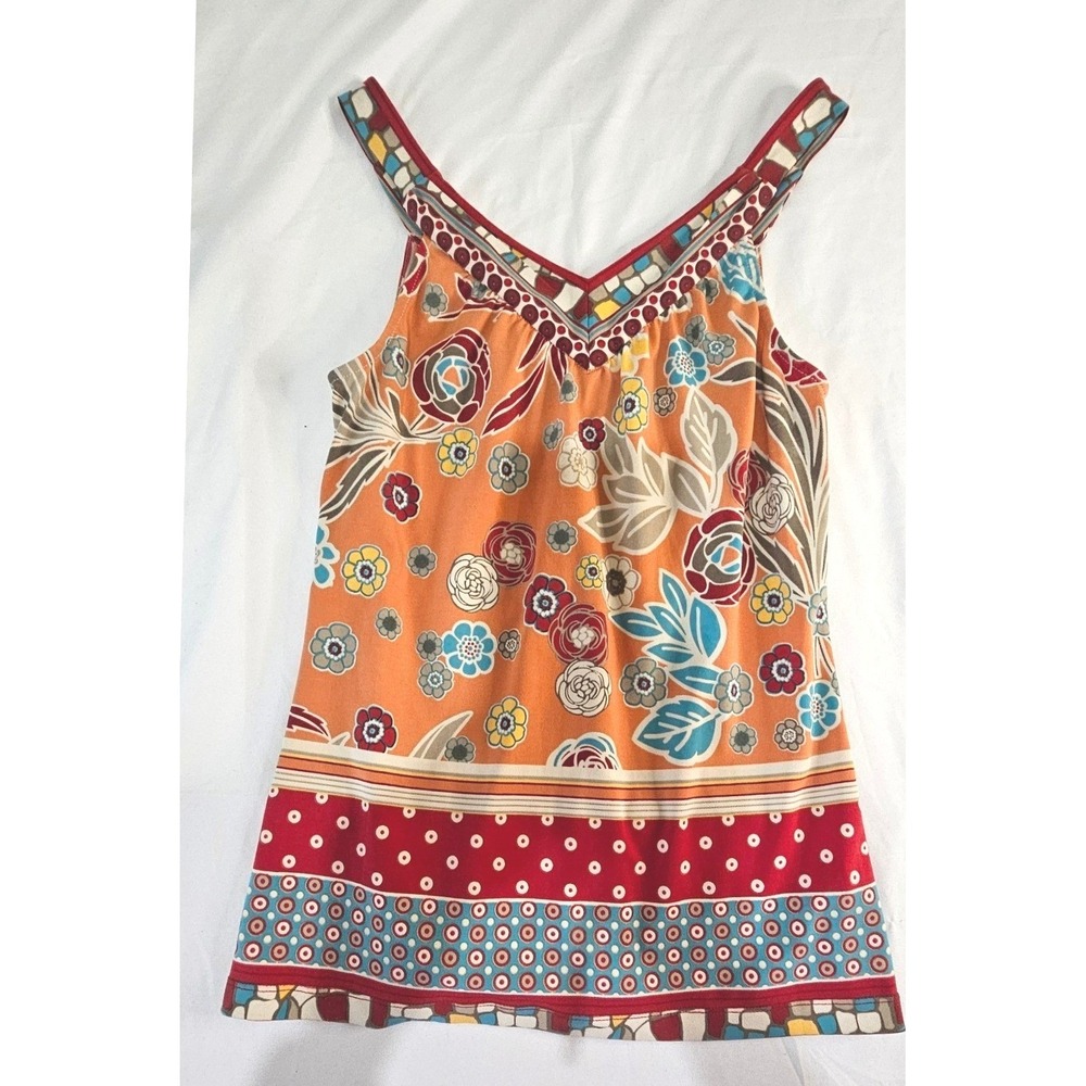 Trulli Womens XS Orange Floral Boho Geometric V-Neck Sleeveless Tank Top Summer - Picture 2 of 4